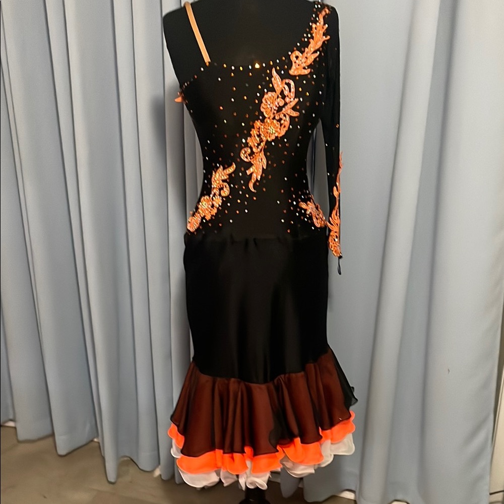 Elegant One Shoulder Black and Orange Dress